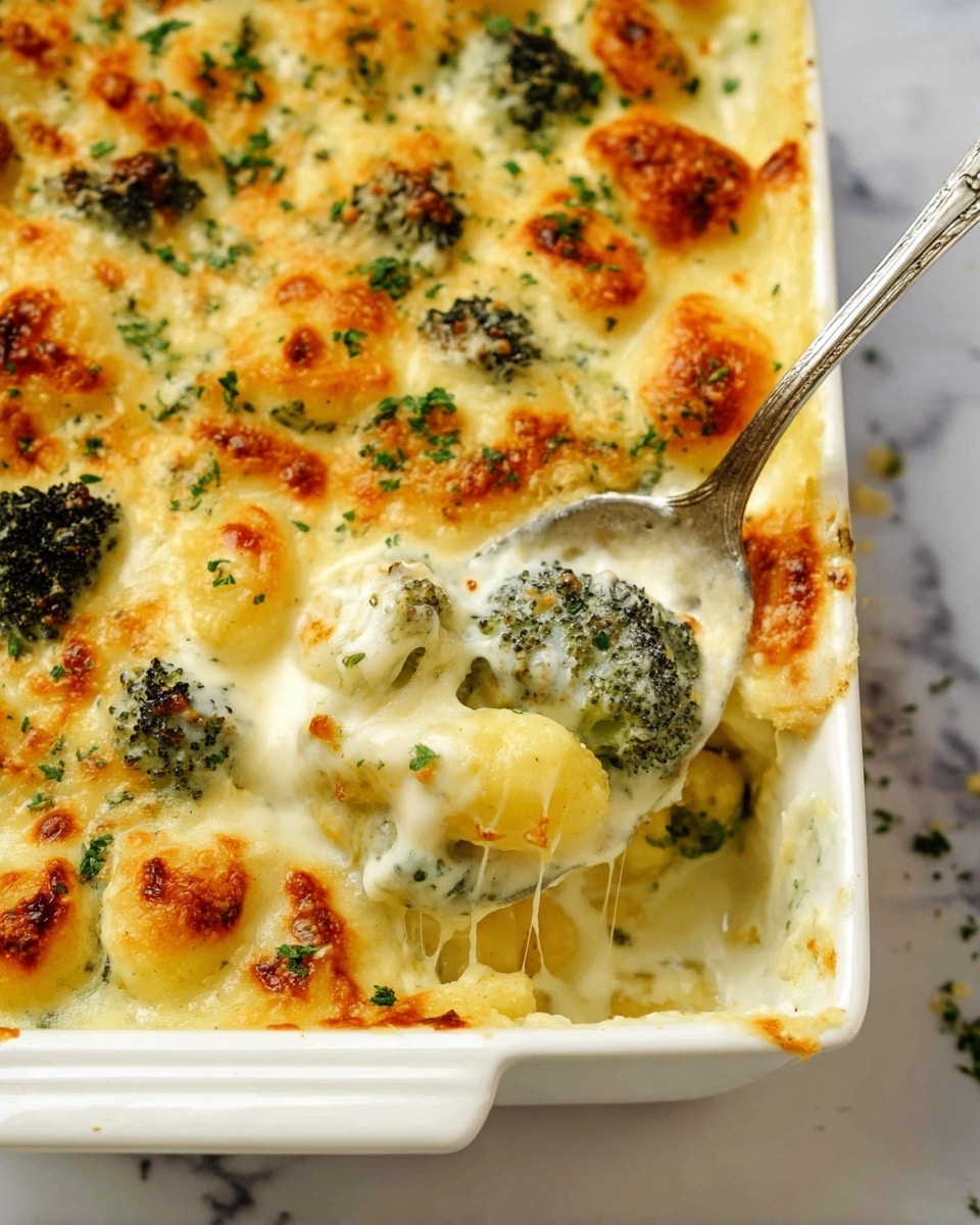 The image shows a white baking dish filled with a creamy baked gnocchi and broccoli gratin. The top layer is golden brown with bubbling melted cheese and scattered small green broccoli pieces. Underneath the cheese, you can see soft yellow gnocchi peeking through a white creamy sauce. Some finely chopped green herbs are sprinkled all over the top. A spoon is scooping up a portion, revealing layers of tender gnocchi and broccoli covered in smooth, thick white sauce with melted cheese strings. The dish is set on a white marbled surface. photo taken with an iphone --ar 4:5 --v 7