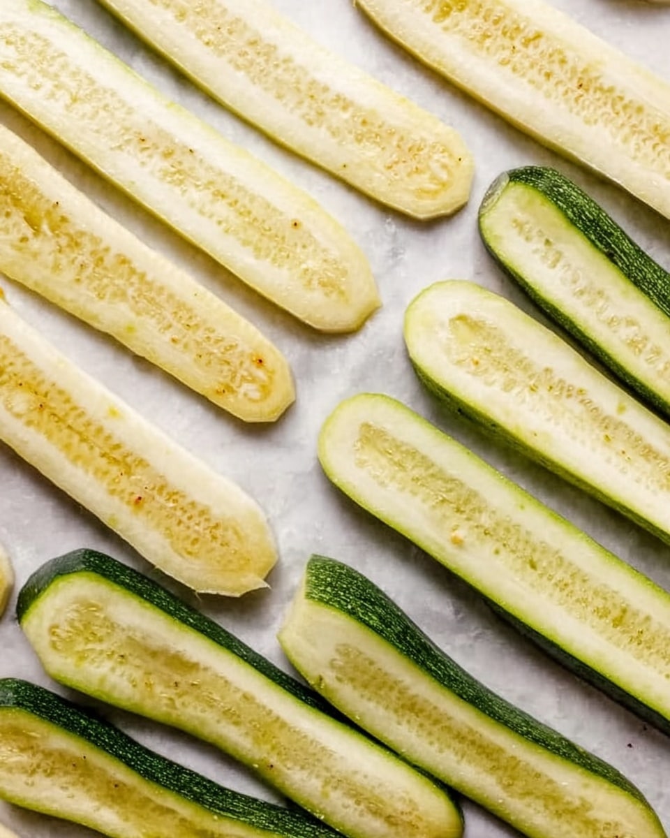 The image shows a white marbled surface with thin slices of zucchini arranged neatly. There are two rows of yellowish slices lying flat, showing a soft, smooth texture with small seeds visible. Alongside these, there are darker green slices, some with their smooth skin side up and others with the inside pale green side showing, arranged in an orderly manner. The slices are long and thin, placed close but not overlapping, creating a simple and clean look. Photo taken with an iphone --ar 4:5 --v 7