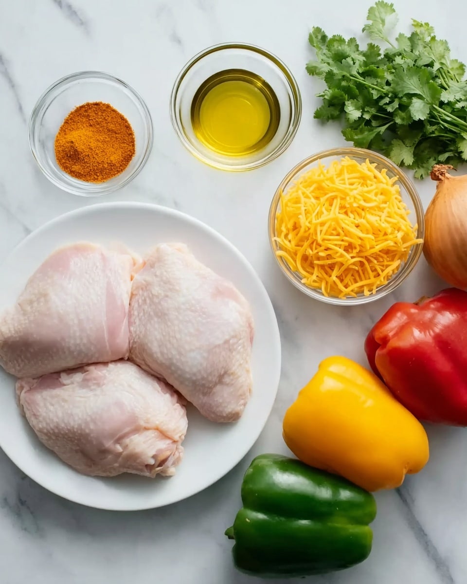 In the image, a white plate holds three raw chicken pieces with a pale pink color and smooth texture, placed on a white marbled surface. Around the plate, there are small clear glass bowls: one with bright orange seasoning powder and another with a clear liquid, likely oil or water. To the right of the plate, a pile of shredded yellow cheese is in another clear bowl. Nearby, a whole light brown onion and fresh green cilantro leaves add to the scene. Below these, a yellow bell pepper, a red bell pepper, and a green bell pepper sit side by side, each showing smooth, shiny skins. The photo has soft natural light and is clear and sharp, photo taken with an iphone --ar 4:5 --v 7