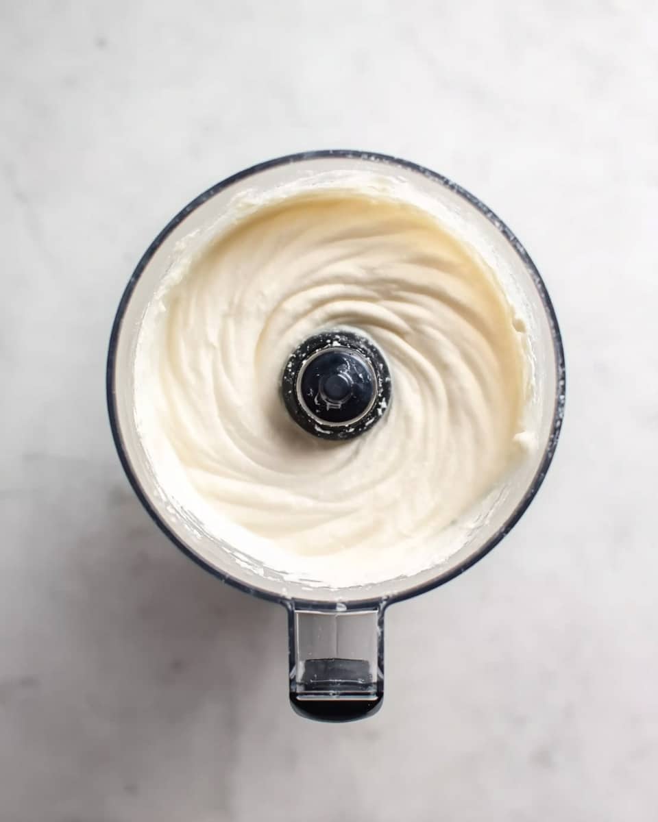A top view of a blender container filled with a smooth, creamy white mixture, showing soft swirls and light texture on the surface. The blender is clear with a black handle and a black blade base visible in the center. It sits on a white marbled surface that contrasts with the creamy content inside the blender. The light softly reflects on the mixture giving it a fresh and whipped look photo taken with an iphone --ar 4:5 --v 7