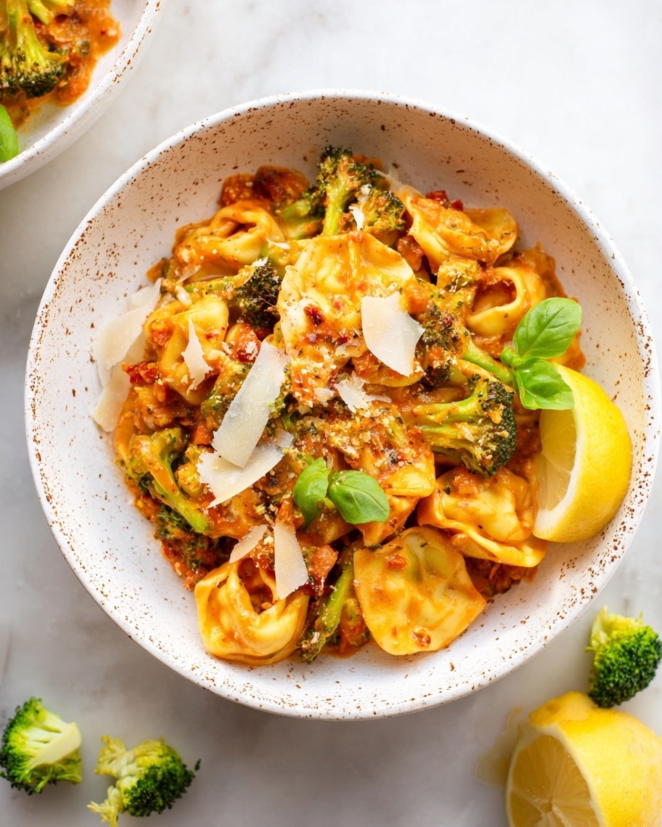 A white bowl with brown speckles holds a creamy pasta dish featuring yellow tortellini mixed with bright green broccoli pieces. The pasta is coated in an orange-red sauce, with small bits of sun-dried tomatoes and onions visibly mixed in. Thin white shavings of cheese are sprinkled on top, along with a few small fresh green basil leaves. A bright yellow lemon wedge leans against the inside side of the bowl on the right. The bowl sits on a white marbled surface with a couple small broccoli florets and a halved lemon nearby. photo taken with an iphone --ar 4:5 --v 7