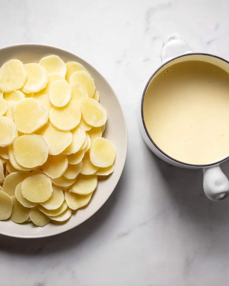 The image shows two side-by-side pictures on a white marbled surface. On the left, a white plate is heaped with many thin, smooth, pale yellow potato slices arranged in layers, overlapping each other evenly. On the right, a small white saucepan filled with a creamy light yellow sauce that looks smooth and slightly thick is placed on the same white marbled surface. photo taken with an iphone --ar 4:5 --v 7