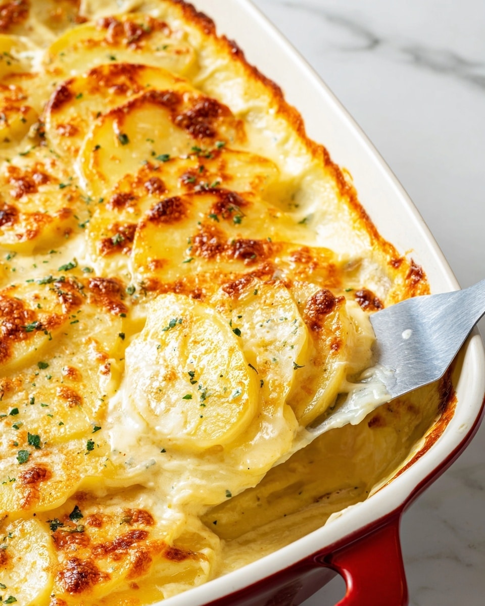 The image shows a dish of scalloped potatoes in a white ceramic baking dish with a red handle. The potatoes are thinly sliced and layered, covered in a creamy cheesy sauce that is golden and slightly browned on top. The top layer is textured with spots of melted, browned cheese and small green herb sprinkles. A metal spatula is partially lifting some potatoes from the corner of the dish, showing the smooth, creamy texture underneath the golden crust. The dish sits on a white marbled surface. photo taken with an iphone --ar 4:5 --v 7