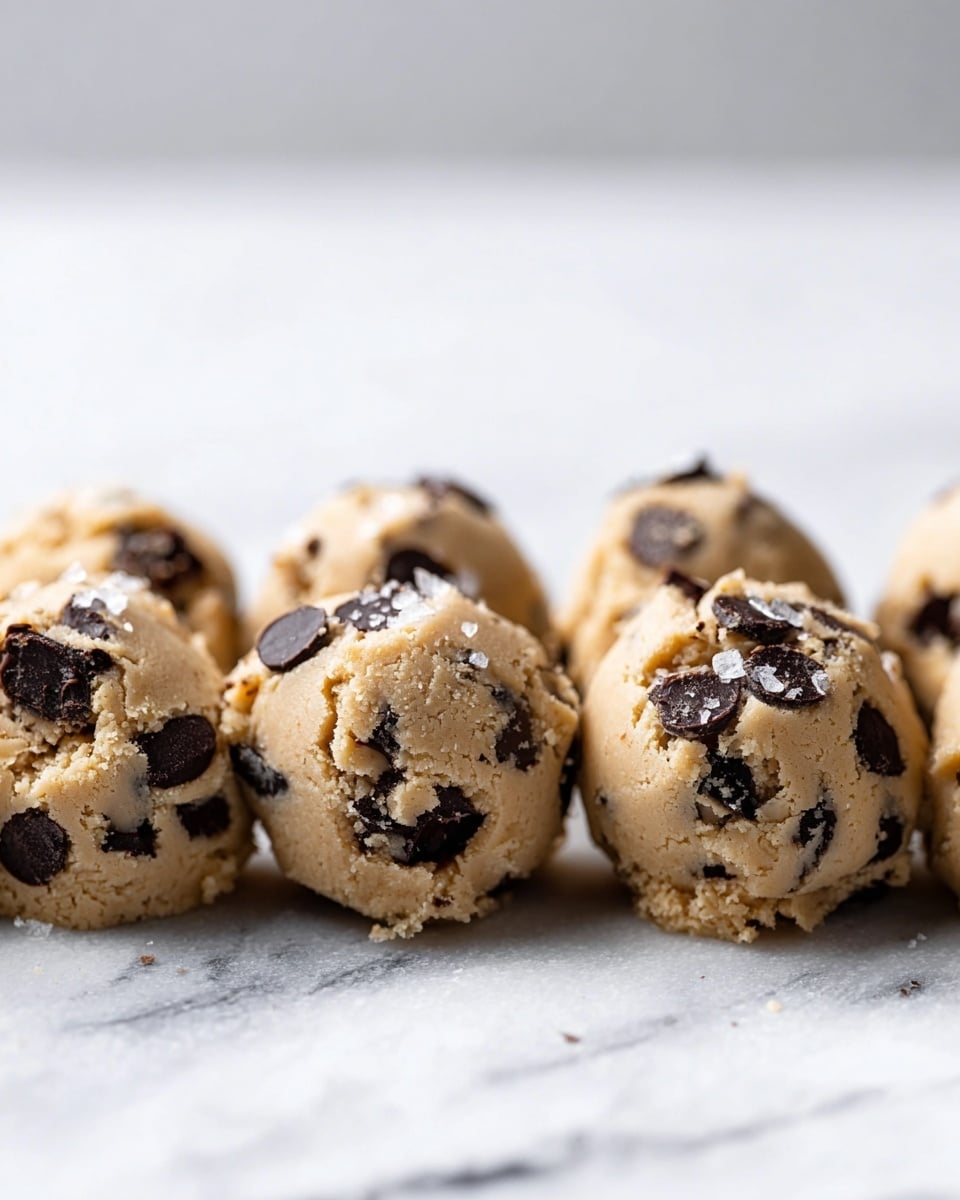The image shows six rounded scoops of cookie dough, arranged closely in a single row on a white marbled surface. Each scoop is beige with visible dark chocolate chunks embedded throughout. The texture looks slightly crumbly but soft, with some small salt flakes sprinkled on top. The focus is low, highlighting the front three scoops in detail while the back ones softly blur. Photo taken with an iphone --ar 4:5 --v 7