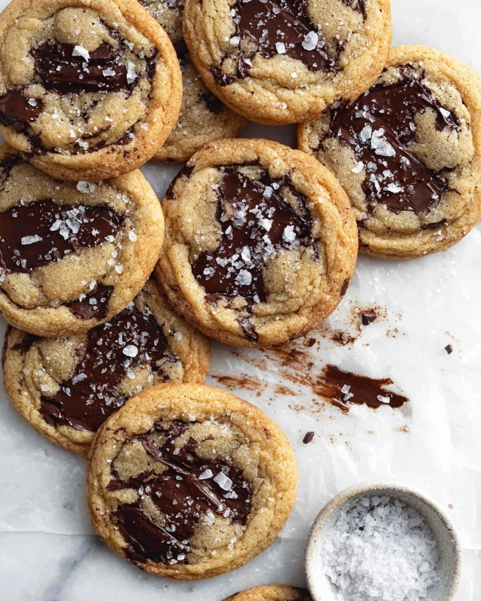 A group of seven soft round cookies with light brown dough form the base layer, each cookie featuring uneven dark brown melted chocolate patches scattered on top. The cookies are close together, partly overlapping on a white marbled surface. Small, coarse white flakes of sea salt are sprinkled unevenly across the cookies, adding texture. There is a small white bowl in the bottom right corner filled with coarse salt, with smudged dark chocolate on the surface near it. The photo taken with an iphone --ar 4:5 --v 7