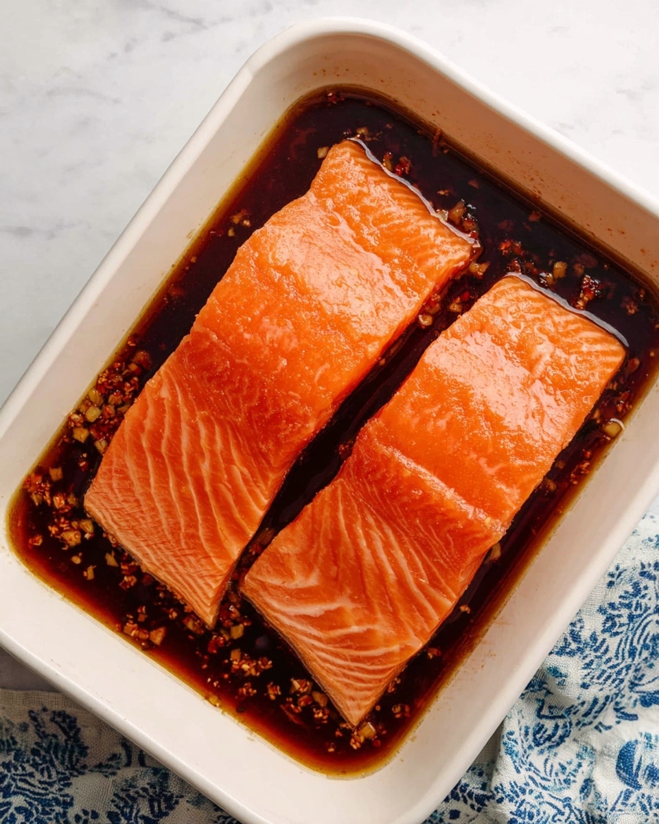 Two pieces of raw salmon lay side by side in a white rectangular dish, both soaking in a dark brown marinade with small bits floating in it. The salmon fillets are bright orange with visible light stripes from the fish's natural texture, and the dish rests on a surface with a white marbled texture. A blue and white patterned cloth is partly visible under the dish on the right side. photo taken with an iphone --ar 4:5 --v 7