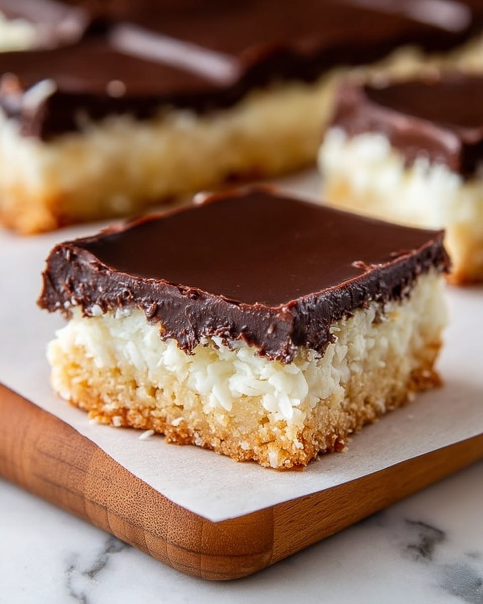 A square dessert bar with three clear layers sits on a wooden board with white parchment paper nearby. The bottom layer is a thick, crumbly golden-brown base with a rough texture. Above this is a creamy, white coconut filling, slightly soft with small shredded coconut pieces visible, making it look textured and moist. The top layer is a dark, smooth, shiny chocolate sheet that has slight ripples and covers the coconut layer fully. Behind it, the bigger tray of the same dessert is visible out of focus, showing the same three layers and cut into squares. The surface under the board is a white marbled texture. photo taken with an iphone --ar 4:5 --v 7