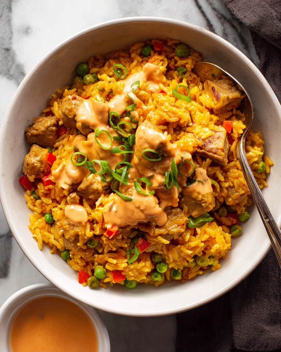 A white bowl filled with vibrant yellow-orange rice mixed with small green peas and pieces of red bell pepper, topped with chunks of brownish cooked meat and a creamy light orange sauce drizzled unevenly over the top. The dish is garnished with thinly sliced green onions scattered on the surface. A silver spoon rests inside the bowl, partially buried in the rice. The bowl sits on a white marbled surface with a small white bowl of orange sauce nearby, adding an inviting touch. photo taken with an iphone --ar 4:5 --v 7