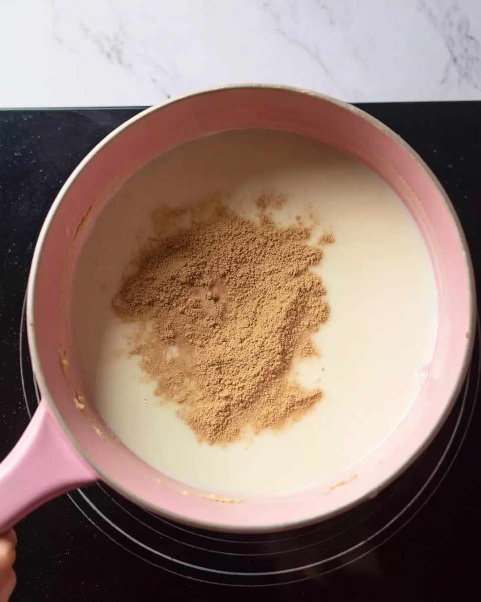 A close-up image of a pink pot filled with a smooth, creamy white liquid covering the bottom layer. On top of the liquid, there is a light brown powder, unevenly spread in the center, creating a soft contrast against the white base. The pot is placed on a stove with a dark surface, but the background is changed to a white marbled texture. The photo shows part of a woman's hand holding the pot handle on the left side. photo taken with an iphone --ar 4:5 --v 7