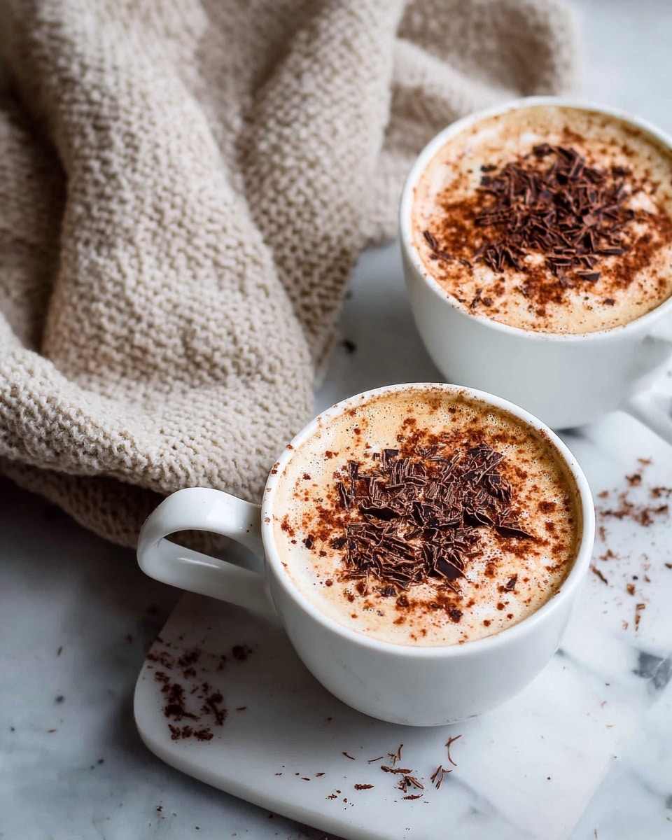 Two white cups filled with layered hot drinks sit on a white marbled surface. Each cup has a frothy, light tan layer on top sprinkled with dark brown chocolate shavings and a dusting of brown powder, likely cinnamon or cocoa. The cups are positioned close to each other, with some chocolate shavings scattered around them on the surface. A soft, beige knitted fabric is placed behind the cups, adding warmth to the setting. Photo taken with an iphone --ar 4:5 --v 7