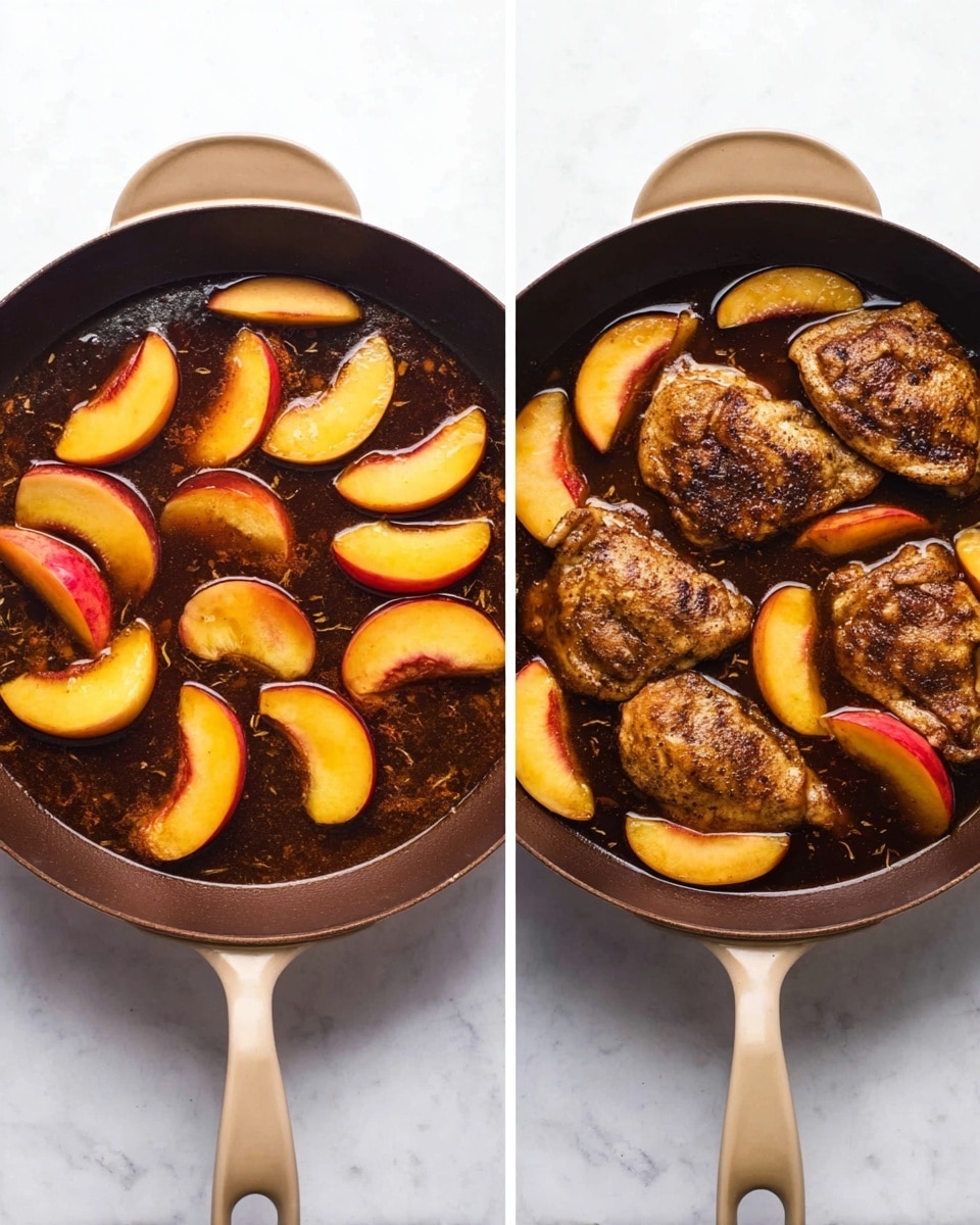 A brown pan with a beige handle is placed on a white marbled surface. In the left image, the pan holds a dark brown sauce with several light orange and red peach slices spread evenly on top. In the right image, the same pan now contains three large cooked chicken pieces with a dark seasoning covering their surface, surrounded by the same peach slices partially submerged in the sauce, which has some bubbles and spices visible. photo taken with an iphone --ar 4:5 --v 7