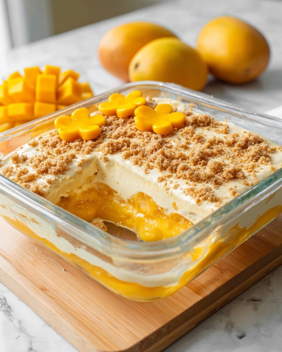 A square clear glass baking dish shows a layered dessert with three visible layers: a creamy off-white top layer with a crumbly light brown topping, a middle layer of smooth yellow-orange filling, and a bottom layer that looks soft and slightly mashed, matching the yellow-orange color. On top, there are small mango pieces shaped like flowers placed on one corner. The dish is placed on a light wooden board, with whole mangoes slightly blurred in the background, all set against a white marbled surface. photo taken with an iphone --ar 4:5 --v 7