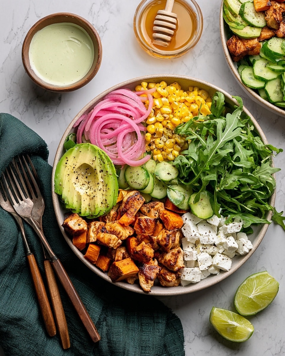 A bowl with six main layers arranged side by side on a white marbled surface includes: golden brown cooked chicken pieces on the bottom left, bright yellow and pink corn salad above it, sliced green avocado with black pepper next to the corn, bright pink pickled onions beside the avocado, light green cucumber cubes near the onions, white cottage cheese with black pepper on the right, bright orange roasted sweet potato chunks below the cottage cheese, and a pile of fresh green arugula on the bottom right. Around the bowl are lime wedges on the bottom right, a wooden honey dipper in a glass bowl of honey on the left, and a small bowl of pale green creamy sauce at the top. Two forks with wooden handles rest on a dark green cloth napkin to the lower left. Photo taken with an iphone --ar 4:5 --v 7