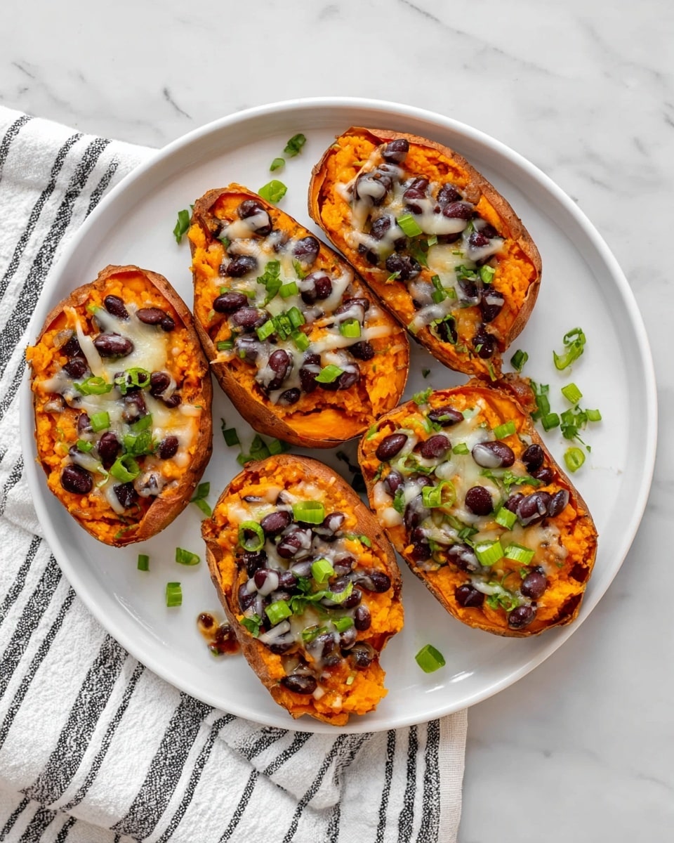 The image shows a white round plate holding five pieces of baked stuffed sweet potato halves. Each half has a bright orange mashed sweet potato base topped with black beans scattered evenly across the surface. On top of the beans, melted, light brown cheese is drizzled lightly, adding a creamy texture. Chopped green onions and small green herbs are sprinkled on each half for color contrast and freshness. The plate rests on a white marbled surface with a striped white and black cloth partially visible underneath on the left side. photo taken with an iphone --ar 4:5 --v 7