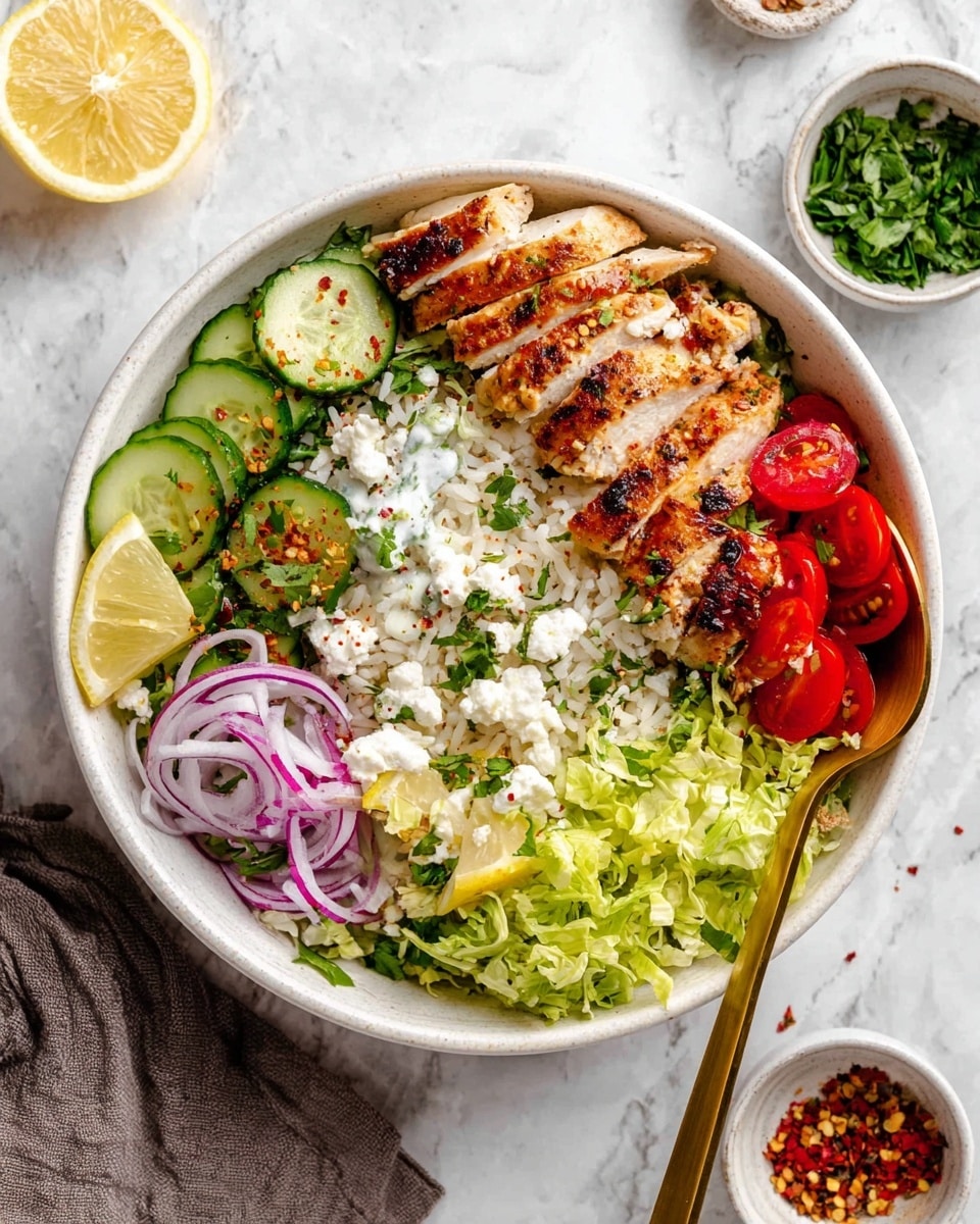 A white bowl on a white marbled surface holds a layered dish with five main sections. At the top right, there are nine pieces of golden brown, sliced grilled chicken arranged parallel, resting on white rice mixed lightly with herbs. To the left of the chicken, green cucumber slices are piled, and beside them, white sauce with herbs sits near halved red cherry tomatoes. In the bottom right, bright green shredded lettuce forms a base, topped with thin slices of purple onions and small white cheese crumbles scattered over the center. Two lemon wedges are placed between the lettuce and tomatoes near a golden spoon inside the bowl. Small bowls with green herbs and red chili flakes are at the top right corner of the image. Photo taken with an iphone --ar 4:5 --v 7