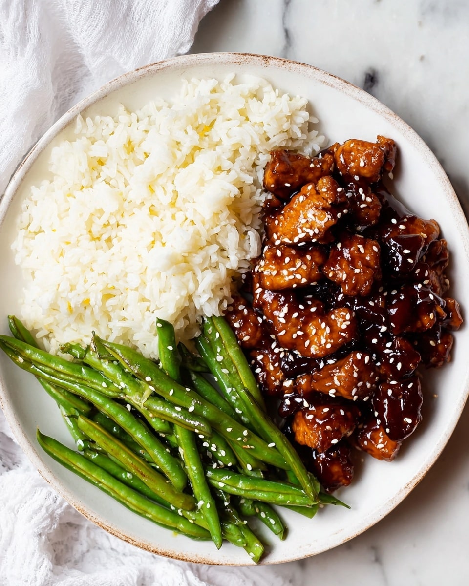 A round white plate holds three main layers of food arranged side by side. On the left, there is a fluffy mound of white rice with visible grain texture. Next to the rice, in the center and slightly towards the front, are glossy, dark brown pieces of cooked chicken coated in a thick sauce and sprinkled with small white sesame seeds. To the right of the chicken, long green beans with a smooth and shiny surface fill the space, also garnished with sesame seeds. The background is a white marbled texture, and part of a white cloth is visible at the top left corner. Photo taken with an iphone --ar 4:5 --v 7
