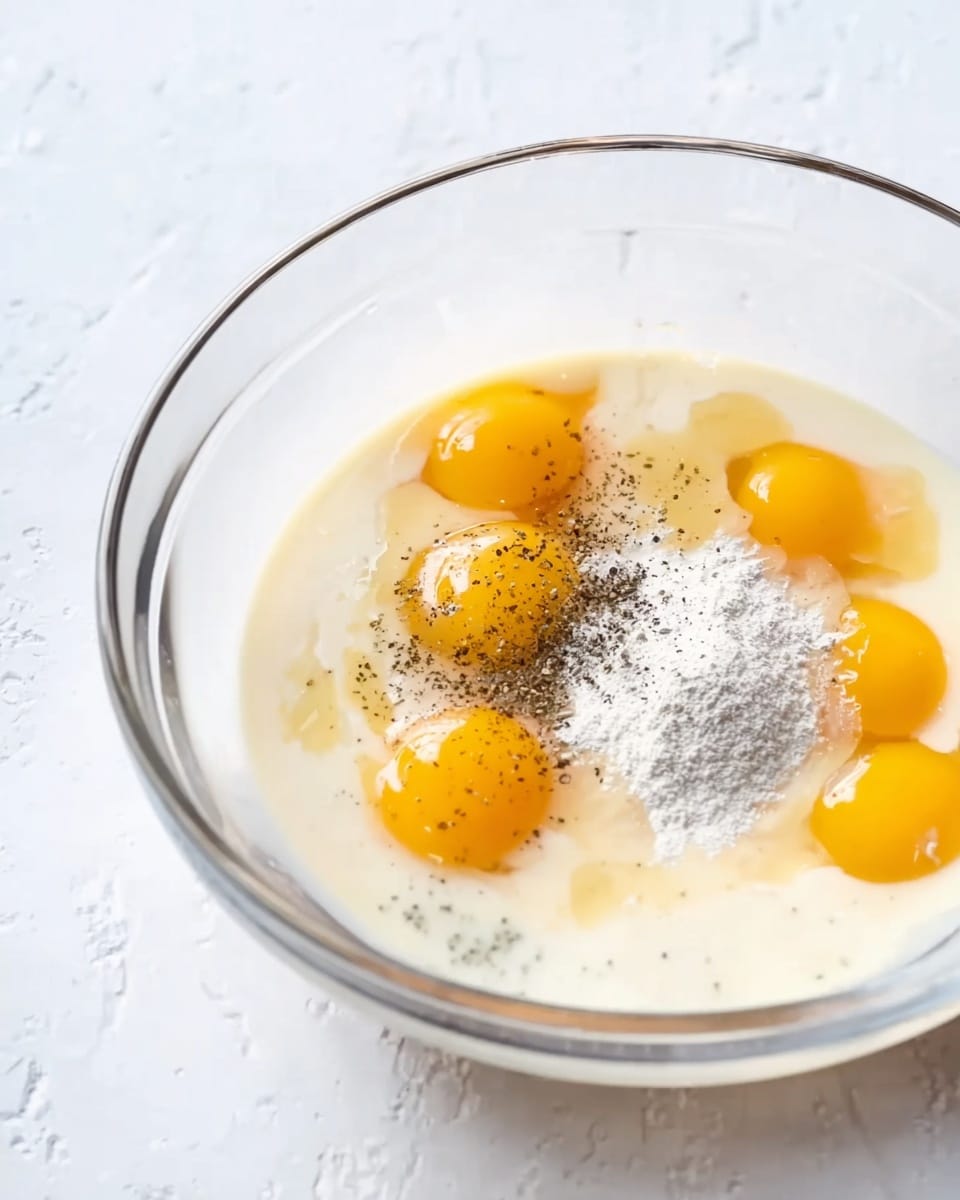 A clear glass bowl sits on a white marbled surface, filled with a mix of ingredients including five raw egg yolks scattered evenly in a pale, creamy liquid. There is a small pile of black pepper and a light dusting of white flour or baking powder on top, along with a slight swirl showing where ingredients are just beginning to blend. The scene is bright with soft, natural light highlighting the smooth textures and colors inside the bowl, making the yolks stand out with their rich yellow color. Photo taken with an iphone --ar 4:5 --v 7