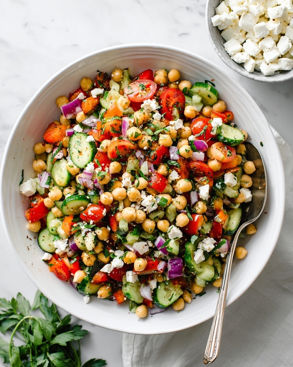 A large white bowl filled with a colorful salad made of round beige chickpeas, sliced green cucumbers, halved red cherry tomatoes, small red bell pepper pieces, diced purple onion, and white feta cheese cubes, all mixed with finely chopped green herbs. A silver spoon rests inside the bowl on the right side. In the background, a smaller bowl contains more white feta cubes, and fresh green herb leaves are partially visible on the left. The entire scene is set on a white marbled surface. photo taken with an iphone --ar 4:5 --v 7