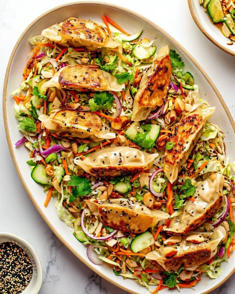 Potsticker Salad with Chicken Gyoza and Crunchy Cilantro Almond Dressing Recipe