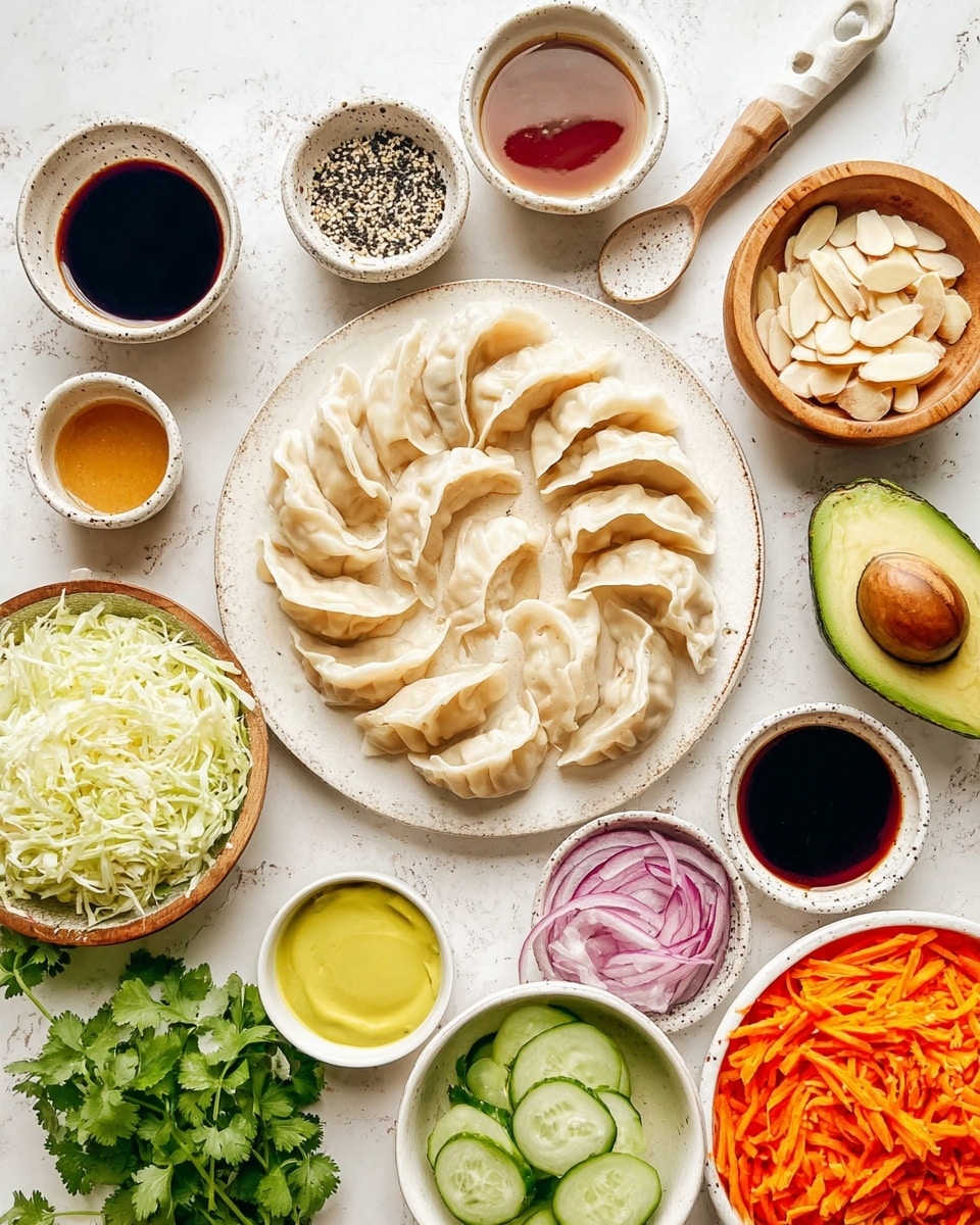 A round white speckled plate is filled with a ring of pale, crescent-shaped dumplings with soft folds and smooth textures. Surrounding the plate are small white speckled bowls with light golden honey, pale yellow mustard, and dark soy sauce, while a small wooden bowl holds dark red liquid and another holds a black and white seed mix. There is a white dish with thinly sliced red onion arranged in a circular pattern, and a few fresh green cilantro leaves nearby. A round white plate contains peeled garlic cloves and sliced ginger. A large white bowl holds a mix of shredded carrots and cabbage in orange and light yellow hues, next to two halves of a bright green avocado with a brown pit in one half. A small bowl filled with pale toasted almond slices is also present, along with a bowl of fresh green cucumber slices. All items are set on a white marbled surface, with a light-colored spoon holding ground pepper nearby. Photo taken with an iphone --ar 4:5 --v 7