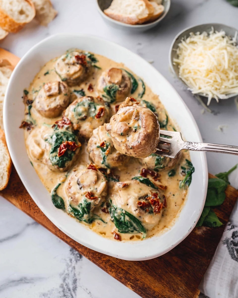 A white oval plate holds a creamy dish with at least nine light brown mushrooms, each covered with a smooth, beige creamy sauce. Scattered between the mushrooms are dark green spinach leaves and tiny pieces of red sun-dried tomatoes, adding color contrast. The sauce looks thick and rich, pooling around the mushrooms, with some grated cheese sprinkled on top. A silver fork lifts one mushroom, showing its texture and the creamy sauce coating with spinach and tomato bits. The plate sits on a wooden board, and nearby are slices of white bread and a small grey bowl filled with shredded white cheese, all set on a white marbled surface. Photo taken with an iphone --ar 4:5 --v 7