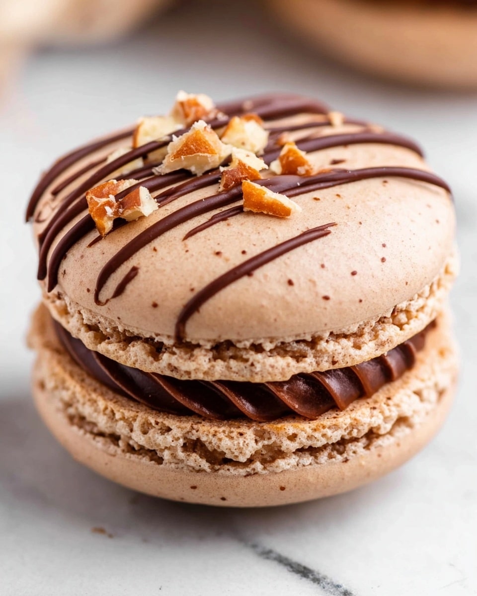 A close-up picture of a single light brown macaron with two textured cookie layers and a thicker creamy filling layer in the middle. On top, there are several thin lines of dark chocolate drizzle, scattered with small pieces of chopped nuts, all on a white marbled surface. Photo taken with an iphone --ar 4:5 --v 7