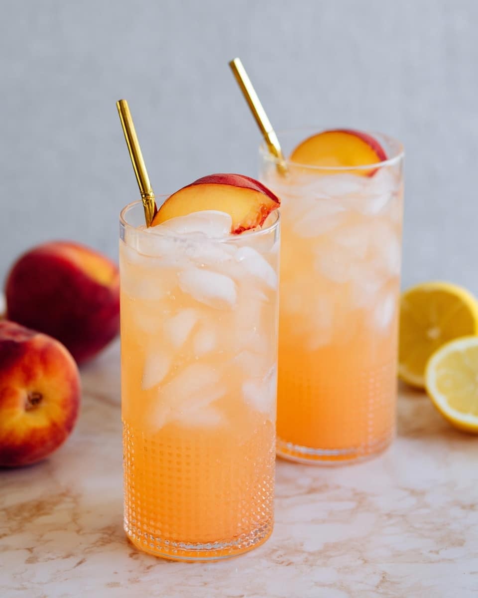 Two tall clear glasses filled with a light orange drink topped with plenty of white ice cubes fill most of each glass. Each glass has a gold metal straw slanted in it, and a thin slice of peach floats on top of the ice near the rim. The drinks sit on a white marbled surface with some whole peaches and a lemon slice blurred softly in the light background. The glasses have a subtle dotted texture, adding depth to their smooth surface. photo taken with an iphone --ar 4:5 --v 7