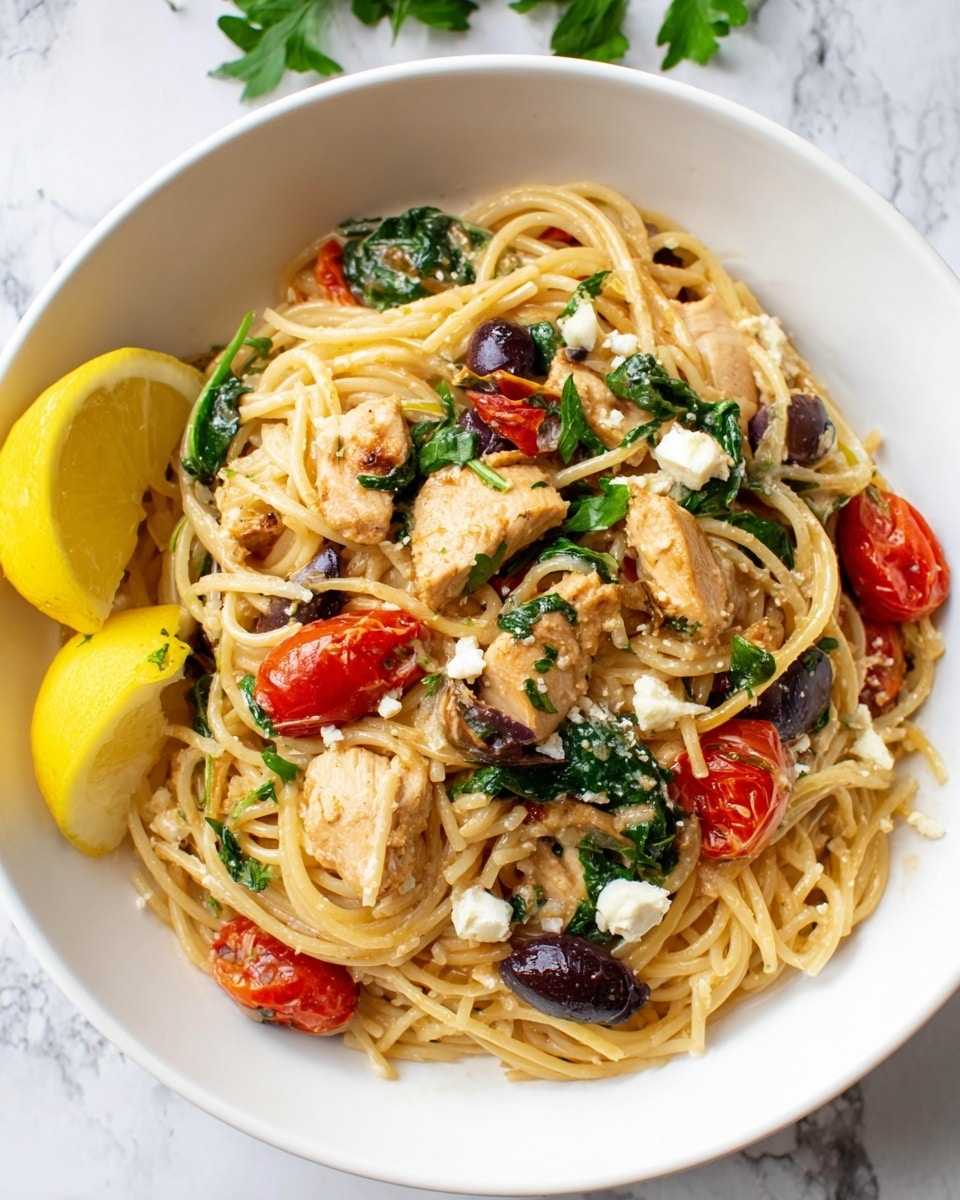 A white bowl filled with spaghetti as the base layer, light golden and slightly glossy from sauce, twisted in groups. Mixed through the pasta are pieces of cooked chicken, golden brown and firm, along with bright red cherry tomato halves, deep purple olives, and green spinach leaves, adding vibrant color and texture. Small white cubes of cheese are scattered evenly throughout. On one side, a yellow lemon wedge rests against the rim of the bowl. The bowl sits on a white marbled surface with bits of green parsley visible in the corner. photo taken with an iphone --ar 4:5 --v 7