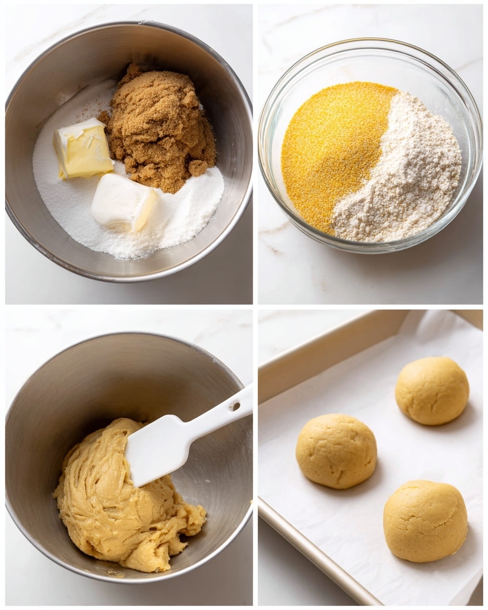 The image shows four photos of a baking process on a white marbled surface. The top left photo has a metal bowl holding layers of ingredients: a large dollop of brown sugar with its rough texture, a smaller layer of white sugar beneath, a chunk of pale yellow butter, and a lump of creamy white substance all sitting together. The top right photo shows a clear white bowl with three layers of dry ingredients: a bright yellow cornmeal on one side, light beige flour mixed with a bit of white flour and white baking powder on the other side. The bottom left photo has the metal bowl again, now filled with a thick, creamy dough in a light tan color, with a white spatula sticking in. The bottom right photo shows four smooth dough balls spaced apart on white parchment paper in a white tray, each ball is round and has a yellowish color from the dough. Photo taken with an iphone --ar 4:5 --v 7