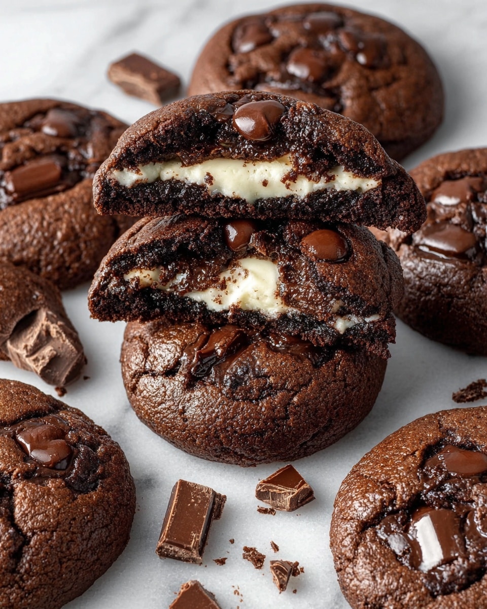 The image shows several dark brown chocolate cookies scattered on a white marbled surface, each topped with shiny chocolate chips and chunks. In the center, three cookies are stacked, with the top one split open to reveal a creamy white filling inside, contrasting with the darker cookie layers around it. The cookies have a slightly rough, chewy texture, and some melted chocolate pools on the tops add a glossy touch. Broken small chocolate pieces are scattered around the cookies. photo taken with an iphone --ar 4:5 --v 7
