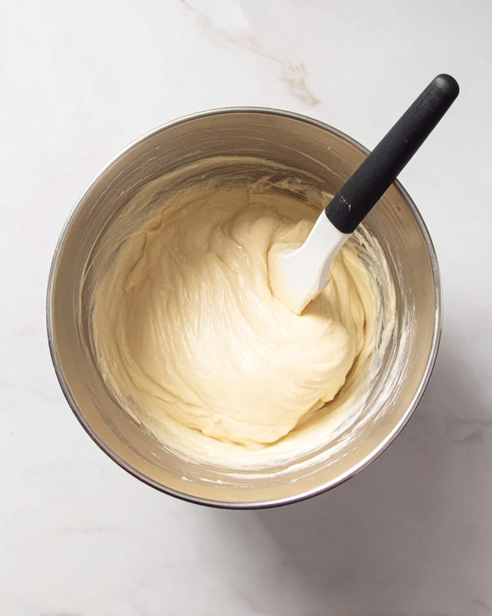 A shiny silver mixing bowl holds a smooth, thick mixture that is light cream color with a soft, glossy texture. Inside the bowl, a black-handled spatula with a white silicone blade rests, partially covered in the creamy batter. The bowl sits on a white marbled surface, with soft light highlighting the texture of the batter and the metal shine of the bowl. photo taken with an iphone --ar 4:5 --v 7