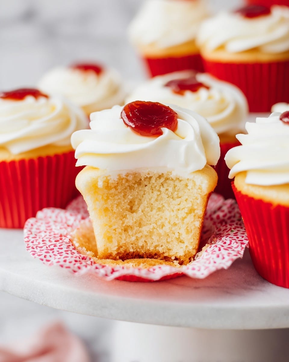 A close-up of a vanilla cupcake with three layers: the base layer is a light yellow soft cake, topped with a thick swirl of smooth white frosting, and a small dollop of red jelly sits in the center of the frosting. The cupcake liner is peeled back and rests open under the cake, showing a red and pink pattern. In the background, there are other similar cupcakes with red liners and the same frosting and jelly topping, all set on a white marble textured cake stand. photo taken with an iphone --ar 4:5 --v 7