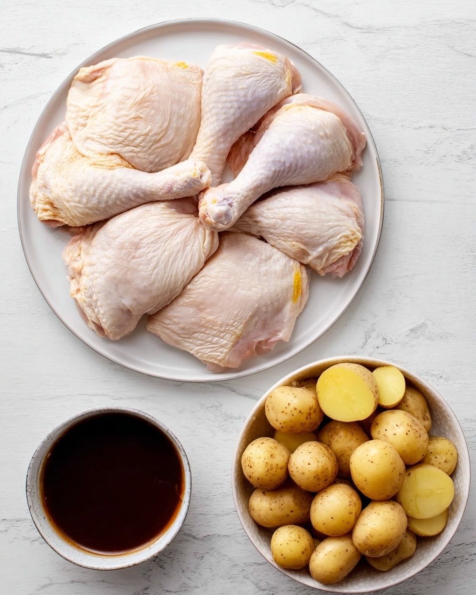 A white plate on a white marbled surface holds five raw chicken pieces with pale pink skin and some yellow fat spots, arranged in a slightly overlapping way. To the right, there is a white bowl filled with small yellow potatoes, some whole and some sliced in half, showing their light yellow interiors with brown spots on the skins. Below the bowl, there is a small white bowl with a dark brown, glossy liquid sauce inside, smooth in texture and filling about three-fourths of the bowl. photo taken with an iphone --ar 4:5 --v 7