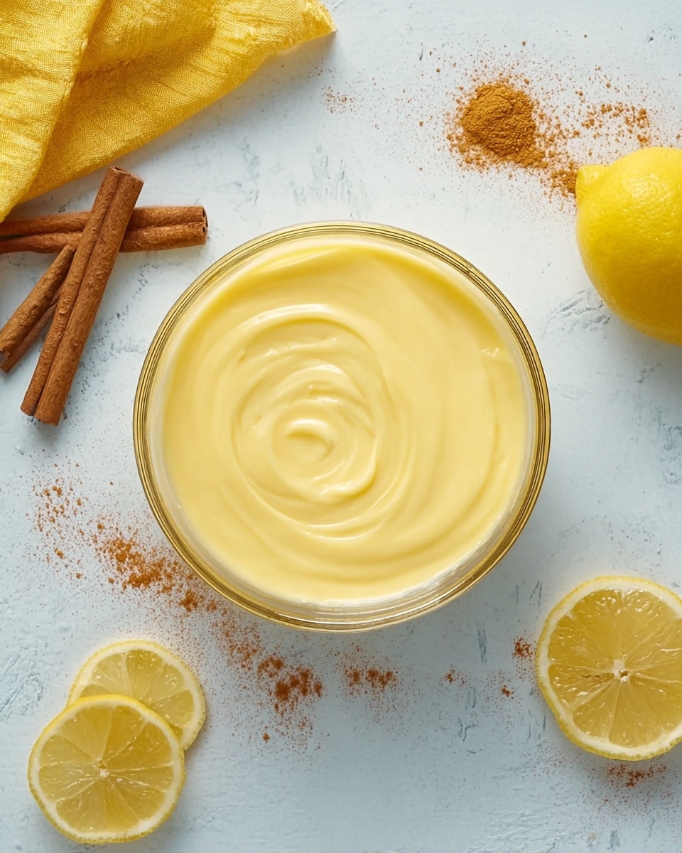 A round clear glass bowl filled with smooth, creamy lemon-yellow custard sits in the center on a white marbled surface. The custard has a silky texture with soft swirls on its surface. Around the bowl, there are two cinnamon sticks to the left, a bright yellow half lemon above them, and a folded yellow cloth in the top-left corner. Towards the bottom right, a whole bright yellow lemon and two lemon wedges lie on the white marbled surface with some cinnamon powder sprinkled nearby. photo taken with an iphone --ar 4:5 --v 7