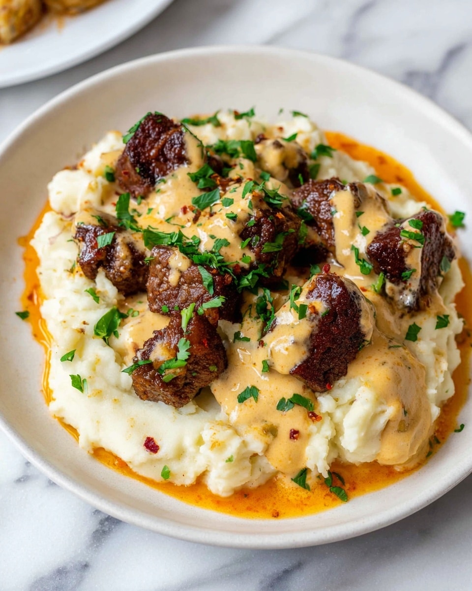 This dish shows a white plate with two main layers. The bottom layer is creamy mashed potatoes with a slightly lumpy texture and bits of red skin visible, coated lightly with an orange oil or sauce. On top of this are chunks of dark brown meat, which look crispy on the outside, covered with a pale yellow sauce that appears smooth and lightly drizzled. Green chopped herbs are sprinkled over the meat and sauce, adding color contrast. The plate is set on a white marbled surface. Photo taken with an iphone --ar 4:5 --v 7