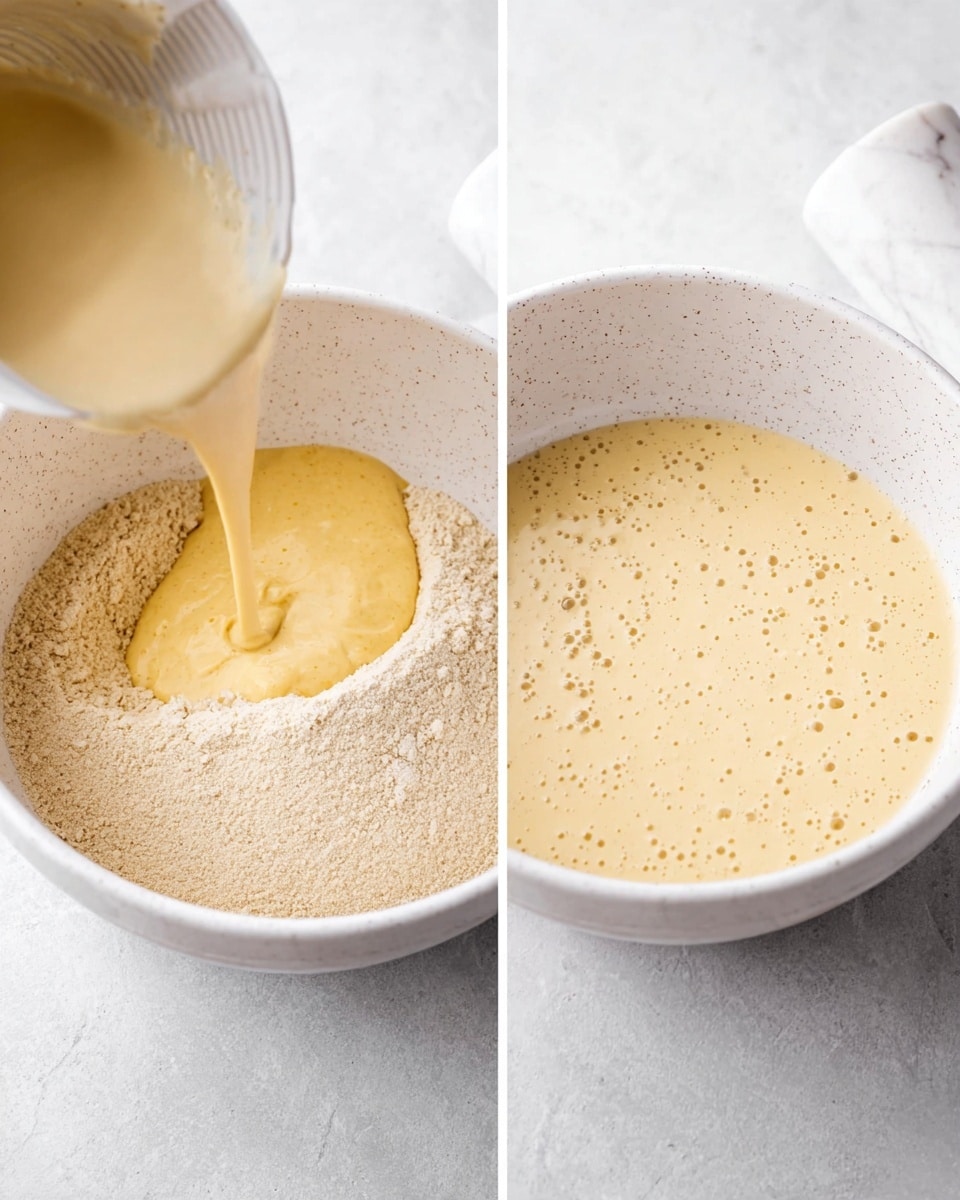 The image shows two white speckled bowls on a white marbled surface. The bowl on the left contains light brown dry flour and thick yellow batter at the bottom; a pale creamy liquid is being poured into it from a white speckled container positioned above. The bowl on the right contains a light tan smooth batter mixed well with tiny bubbles spread evenly on the surface. Both bowls stand side by side with a clean and simple background, and a white marbled rolling pin is visible on the bottom right edge of the image. photo taken with an iphone --ar 4:5 --v 7