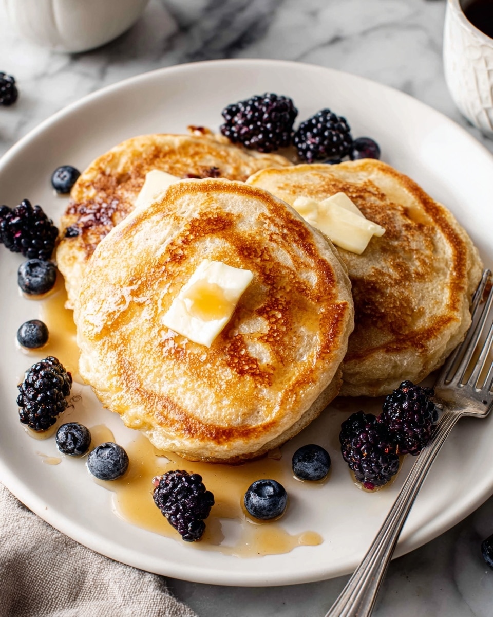 A white plate holds a stack of three golden brown pancakes with a soft, slightly bubbled texture, each topped with a small pat of melting butter and drizzled with amber syrup. Around the pancakes, there are clusters of ripe blackberries and blueberries adding a mix of deep purple and blue colors. A silver fork rests on the right side of the plate, which is placed on a white marbled surface. Photo taken with an iphone --ar 4:5 --v 7