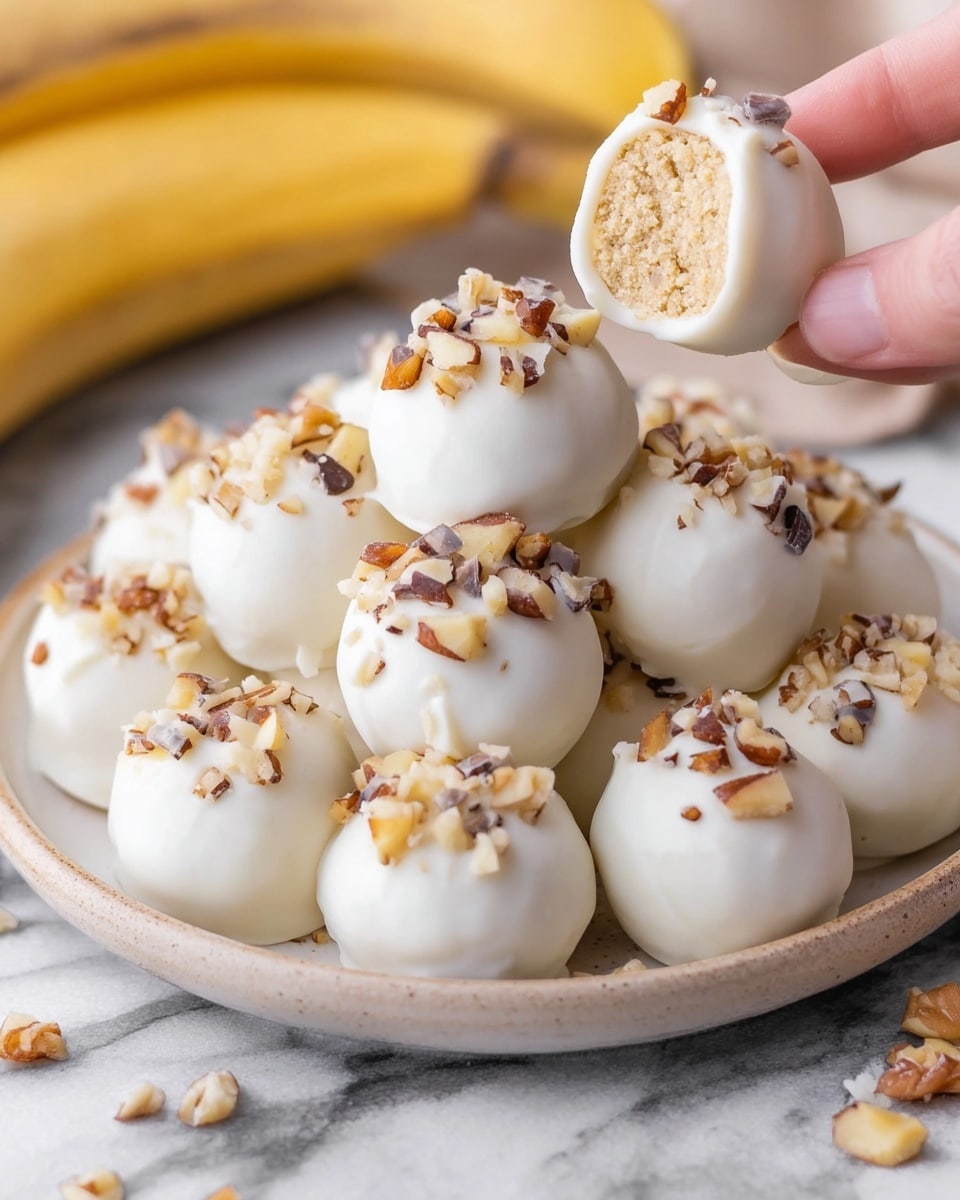 A pile of small round treats covered in smooth white coating and topped with small pieces of light and dark brown nuts sits on a white plate. One treat is held by a woman's hand above the pile, showing a soft, dense, tan-colored inside with a crumbly texture. The plate is on a surface with a white marbled texture, and a partially peeled banana is visible in the background. photo taken with an iphone --ar 4:5 --v 7