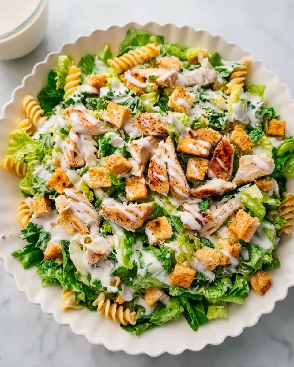 A white scalloped plate filled with a fresh salad layered with chopped green lettuce at the bottom, topped with small golden croutons scattered evenly, pieces of grilled chicken with light brown grill marks arranged across, and light yellow pasta spirals mixed in. The salad is covered with a light creamy white dressing drizzled all over. The plate is placed on a white marbled surface. Photo taken with an iphone --ar 4:5 --v 7