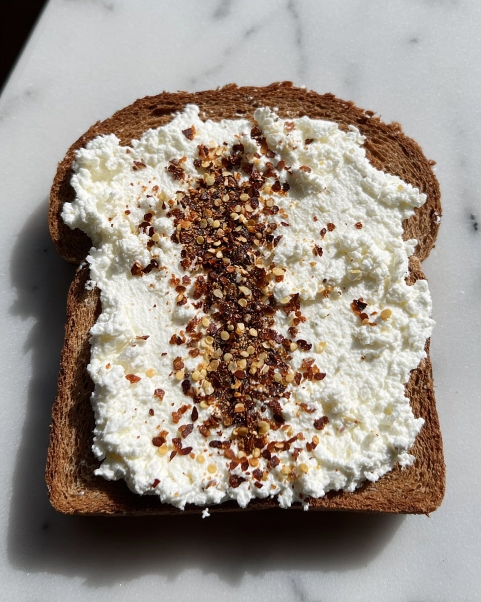 A single slice of dark whole grain bread lies flat on a white marbled surface, thickly covered with white, lumpy cottage cheese spread evenly across the entire slice. In the middle of the cottage cheese, there is a clear vertical line of crushed dark red chili flakes, adding a textured layer of small red and brown pieces that contrast sharply with the white cheese and the darker brown bread underneath. Photo taken with an iphone --ar 4:5 --v 7