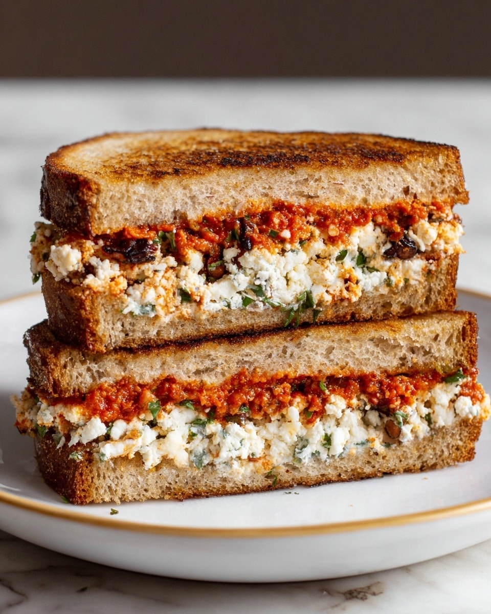The image shows a sandwich cut in half and stacked, placed on a white plate with a thin gold rim, resting on a white marbled surface. The sandwich has two toasted slices of brown bread as the top and bottom layers, with visible crisp textures in dark brown and golden shades. Inside, there are two visible layers of filling: the bottom one is a white crumbly cheese mixed with small green herb pieces and some dark brown bits, while the top layer is a red sauce spread with a slightly chunky texture. The sandwich halves are positioned horizontally, showing a clear contrast between the toasted bread and the vibrant fillings inside. Photo taken with an iphone --ar 4:5 --v 7