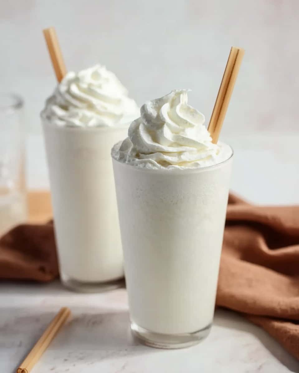 Two tall clear glasses filled with a smooth, white drink topped with a thick swirl of white whipped cream. Each glass has a light brown straw placed at the back right side of the whipped cream. The glasses are standing on a white marbled surface, with a blurred brown cloth and a clear glass in the background. The scene has soft, natural light and a clean, fresh look. photo taken with an iphone --ar 4:5 --v 7