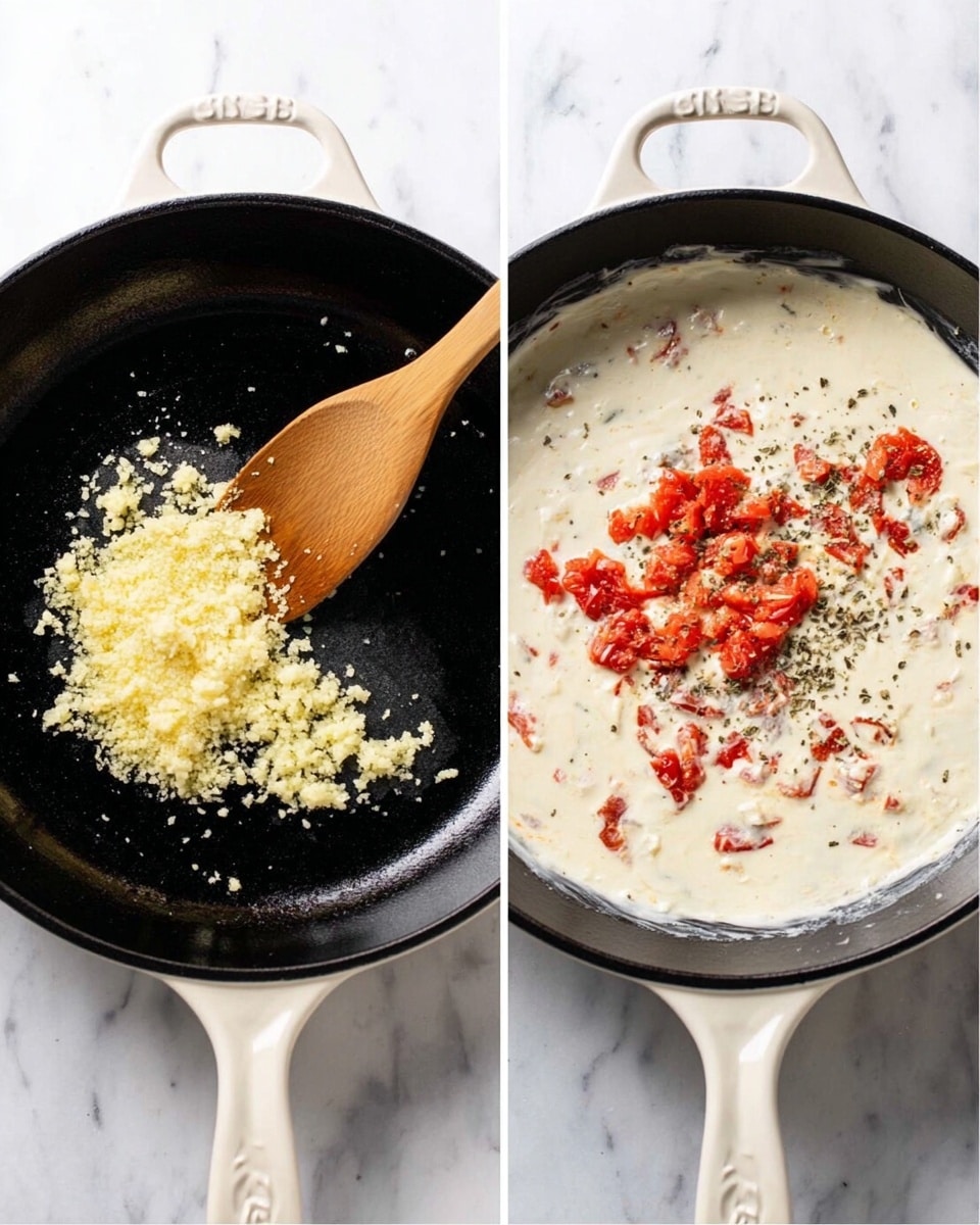 The image shows two side-by-side views of a black and white cast iron pan on a white marbled surface. In the left view, there is a small amount of light yellow minced garlic being stirred with a wooden spoon inside the empty pan. In the right view, the pan is filled with a thick white creamy sauce mixed with small red tomato pieces and scattered black herbs on the surface. Photo taken with an iphone --ar 4:5 --v 7