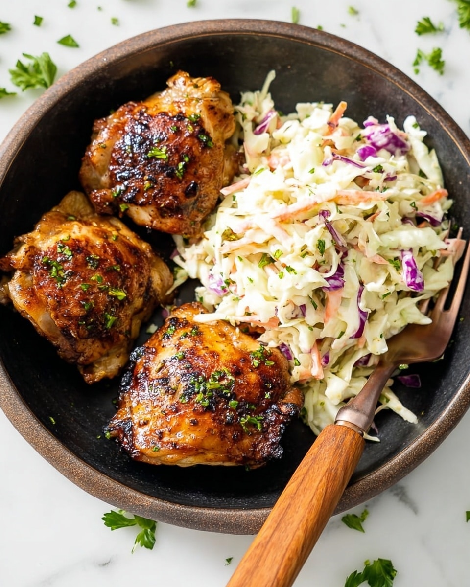 A dark bowl holds three pieces of brown, slightly shiny and grilled chicken thighs, sprinkled with small green herb bits. Next to the chicken is a generous pile of light creamy coleslaw with visible white cabbage and small touches of purple and orange from carrots and purple cabbage. A wooden fork with a light brown handle rests on the edge of the bowl. The bowl sits on a white marbled surface with scattered green herb pieces around it. photo taken with an iphone --ar 4:5 --v 7