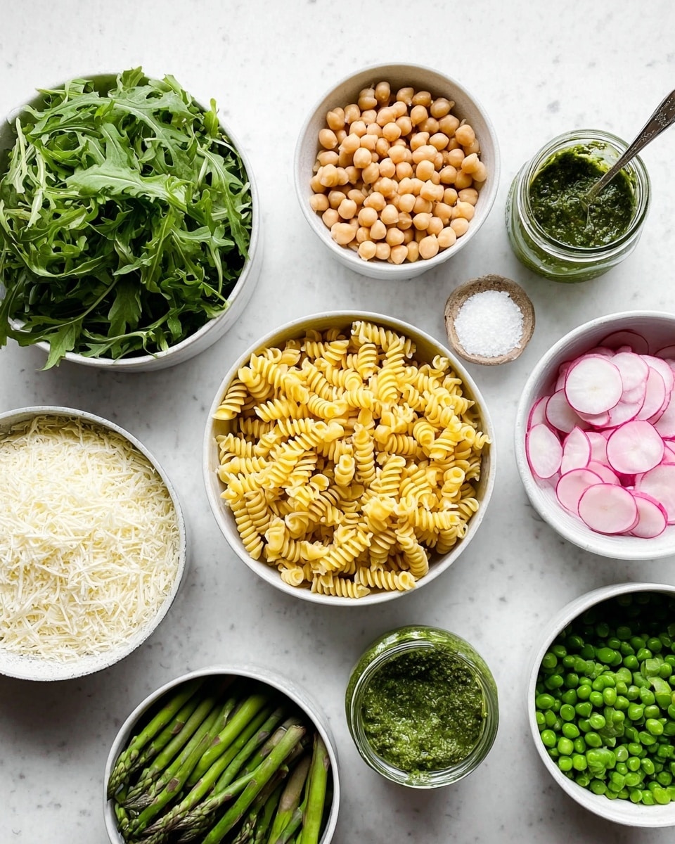 This image shows nine white bowls arranged on a white marbled surface. In the center, there is a bowl filled with yellow, spiral pasta. Moving clockwise from the pasta, there is a bowl with fresh green arugula leaves, a bowl of beige chickpeas, and a small jar of green herb sauce with a spoon inside. Above the sauce is a small bowl of coarse salt and next to it a bowl of thinly sliced pale pink radishes. On the left side near the radishes is a bowl filled with white, grated cheese with a soft texture. Next to that is a bowl with dark green sliced asparagus. Below the asparagus is another bowl with bright green pea pods. Finally, above the asparagus is a small bowl with chopped green onions. Photo taken with an iphone --ar 4:5 --v 7