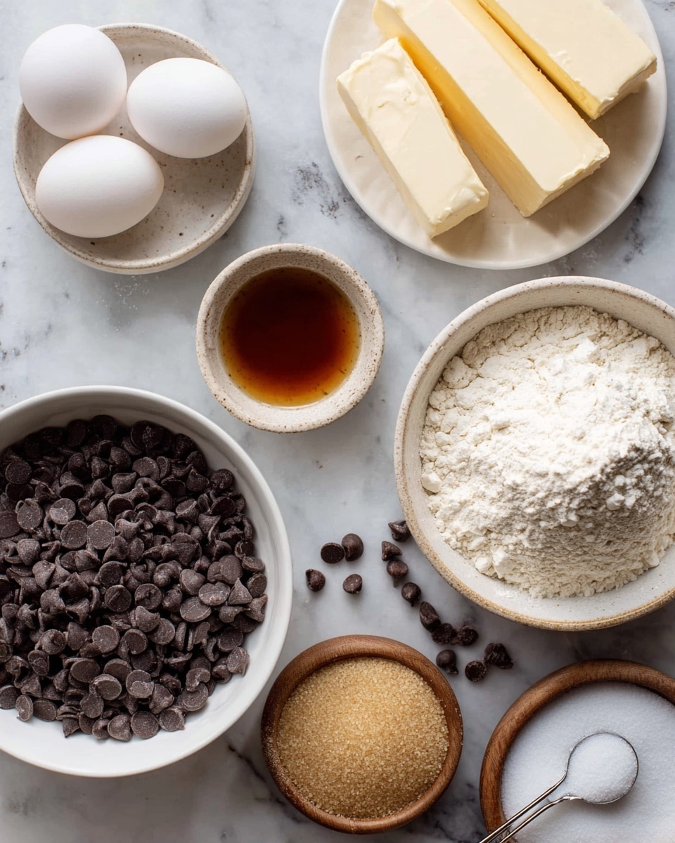 The image shows several white bowls and plates arranged on a white marbled surface, each holding a different baking ingredient. In the bottom left, a large white bowl is filled with dark chocolate chips. Above it, two white eggs sit next to a small white bowl containing a dark amber liquid, likely vanilla extract. To the right, a white mixing bowl holds a white flour mixture with a small mound of white powder on top. Above this is a white plate with two blocks of pale yellow butter. Next to it, another white bowl contains light brown sugar, which is slightly crumbled. In the bottom right corner, a small round wooden bowl contains white granulated sugar with a metal measuring spoon inside. Chocolate chips are also scattered on the marble surface around the bowls. photo taken with an iphone --ar 4:5 --v 7
