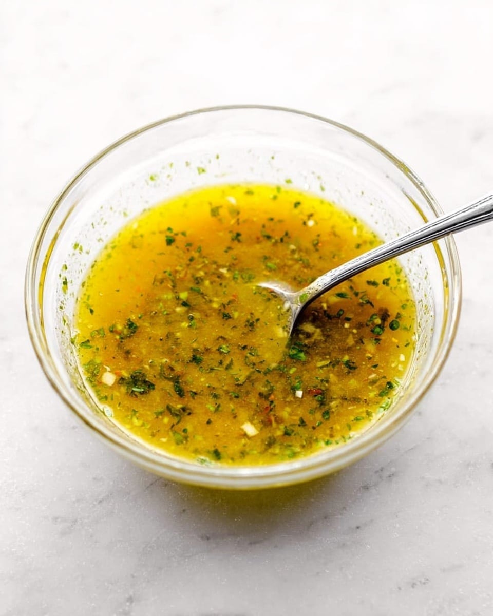 A clear glass bowl filled with a yellowish dressing that has a slightly thick texture and visible small green herb pieces scattered throughout. Tiny white bits are mixed inside, and a silver spoon lays inside the bowl, resting on one side with the handle extending out. The bowl is placed on a white marbled surface, giving a clean and bright look to the image. photo taken with an iphone --ar 4:5 --v 7