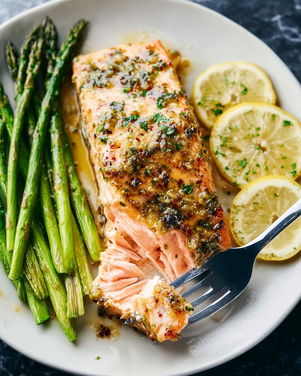 A cooked salmon fillet sits in the center of a white plate, showing three main layers with a light pink inside, a slightly darker pink middle, and a golden, herb-covered top layer. The top is coated with a shiny sauce that has a mix of herbs and spices, adding a textured look with bits of green and brown. To the left of the fish, there are several spears of bright green asparagus, laid diagonally and showing a slightly glossy finish from cooking. On the right side of the plate, two lemon slices with yellow rinds and pale juicy centers are partially overlapping, with some herbs sprinkled on top. A silver fork gently breaks the salmon in the front, pulling apart the soft inner layers. The whole scene is set on a white marbled textured surface. Photo taken with an iphone --ar 4:5 --v 7