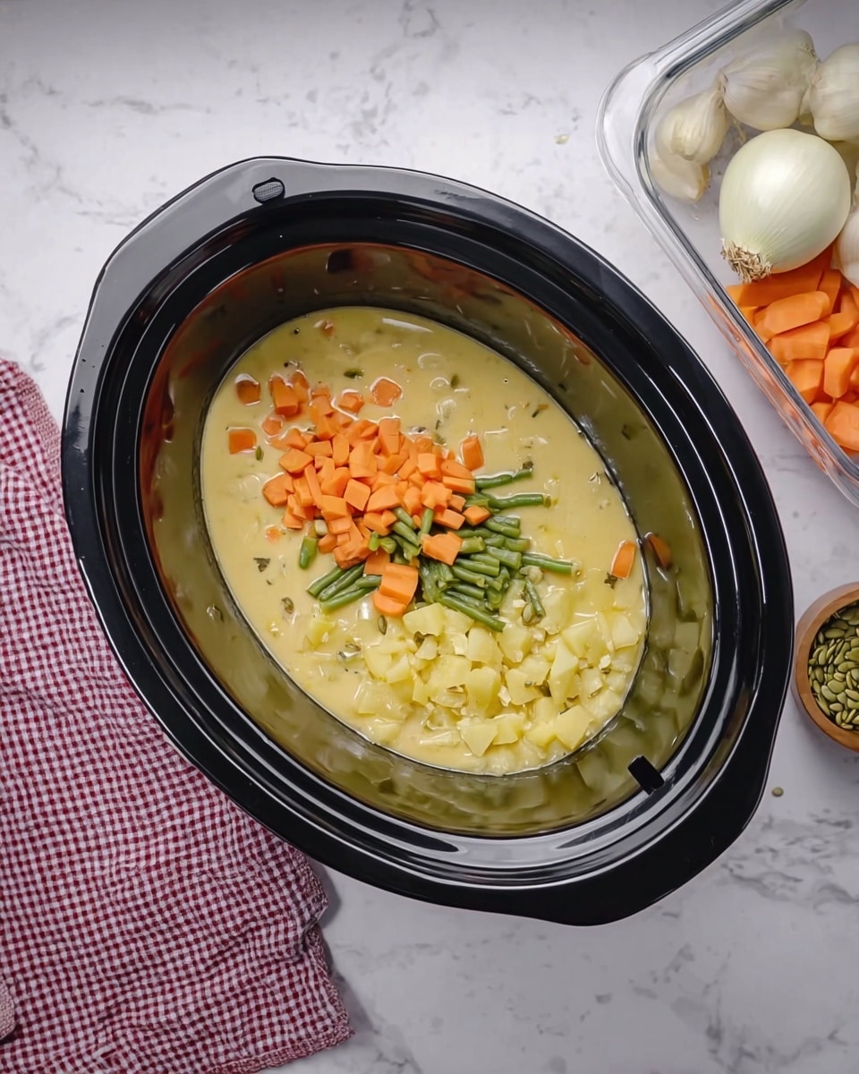 A top view of a black slow cooker on a white marbled surface shows a mixture of layers inside. The bottom layer is a smooth, pale yellow liquid, which is topped with a small pile of chopped vegetables including orange carrots, green beans, and light yellow potatoes, mixed evenly. To the right of the slow cooker, there is a clear container with similar chopped vegetables, a white garlic bulb, and a small white bowl with green pumpkin seeds. A folded red and white checked cloth is partially visible to the left of the slow cooker. Photo taken with an iphone --ar 4:5 --v 7