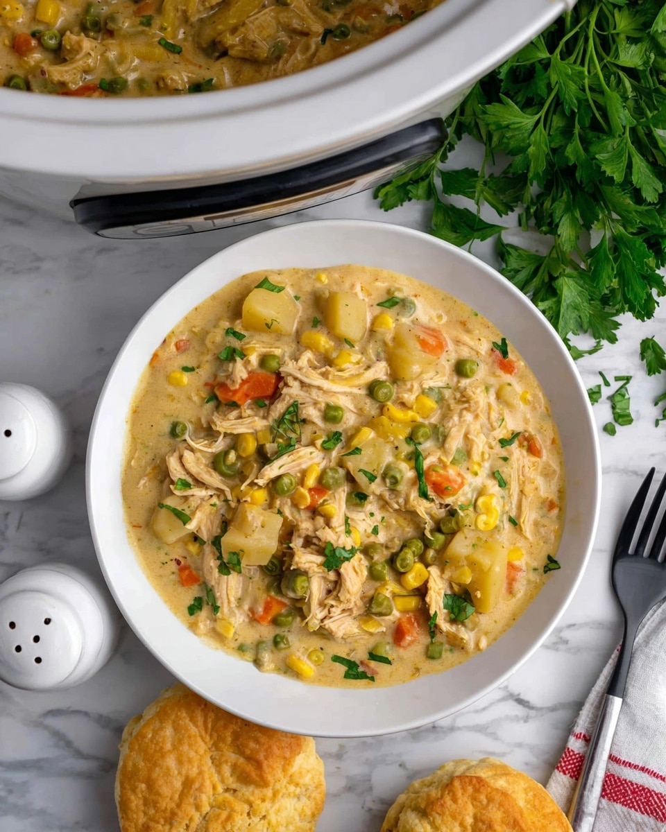 A white bowl filled with creamy chicken and vegetable stew showing shredded chicken pieces mixed evenly with yellow corn, green peas, green beans, orange carrot bits, and light yellow potato cubes, all in a thick light yellow sauce, sprinkled with fresh chopped green herbs on top; beside the bowl on the right side, a golden brown biscuit with a soft texture rests partially on the stew; the scene is set on a white marbled surface with a bunch of fresh green parsley nearby and a white crockpot containing more stew visible above the bowl; additionally, a black fork with a white and red striped handle lies near the bottom right corner, and two white salt and pepper shakers appear on the left side photo taken with an iphone --ar 4:5 --v 7